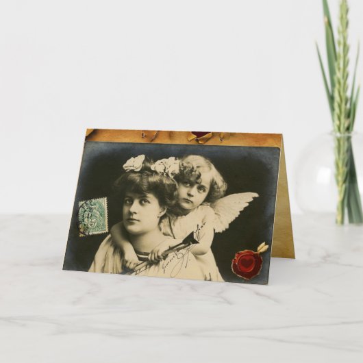 LADY MET CUPID, RED HEART WAX SEAL Moederdag Kaart (Voorkant)