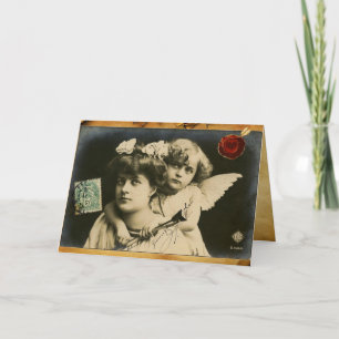 LADY MET CUPID, RED HEART WAX SEAL Valentijnsdag Feestdagen Kaart