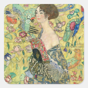 Lady met fan, Gustav Klimt, 1907, art nouveau, vin Vierkante Sticker
