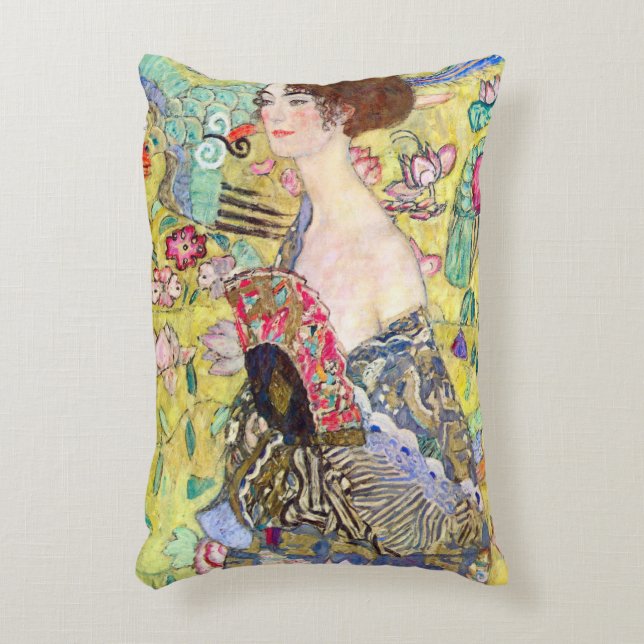 Lady met Fan van Gustav Klimt,  Japonisme Accent Kussen (Voorkant(Verticaal))
