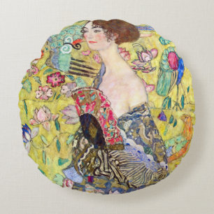 Lady met Fan van Gustav Klimt,  Japonisme Rond Kussen