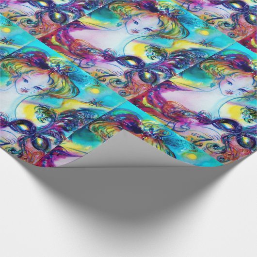 LADY MET FEATHERED MASK/Venetian Masquerade Cadeaupapier (Hoek)