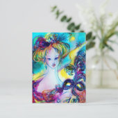 LADY MET FEATHERED MASK Venetian Masquerade Night Briefkaart (Staand voorkant)