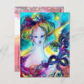 LADY MET FEATHERED MASK Venetian Masquerade Night Briefkaart (Voorkant / Achterkant)