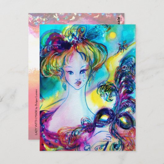 LADY MET FEATHERED MASK Venetian Masquerade Night Briefkaart (Voorkant / Achterkant)