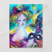 LADY MET FEATHERED MASK Venetian Masquerade Night Briefkaart (Voorkant)
