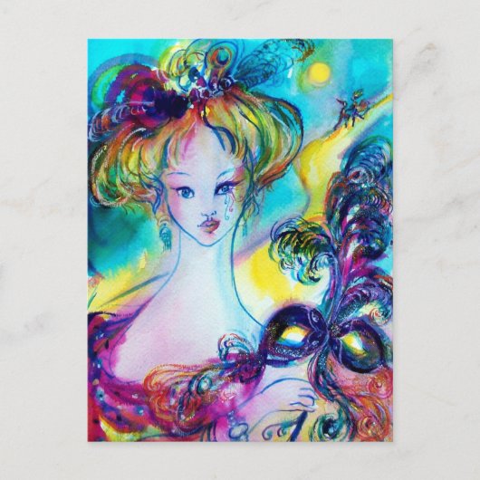 LADY MET FEATHERED MASK Venetian Masquerade Night Briefkaart (Voorkant)