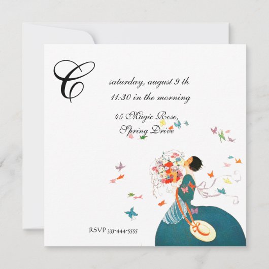 LADY MET FLOWER BOUQUET EN BUTTERFLIES MONOGRAM KAART (Achterkant)