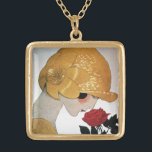 LADY MET ROSE ROSE GOUD VERGULDEN KETTING<br><div class="desc">Levendige Franse illustratie met hoge mode van Art Deco. Portret van een mooie jonge vrouw met een gouden pet met bloem,  zwart wit,  geel,  grijze kleuren .Cool,  modern en artistiek design.</div>