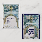 LADY MET UNICORN, blauw wit parelpapier Visitekaartje (Voorkant / Achterkant)