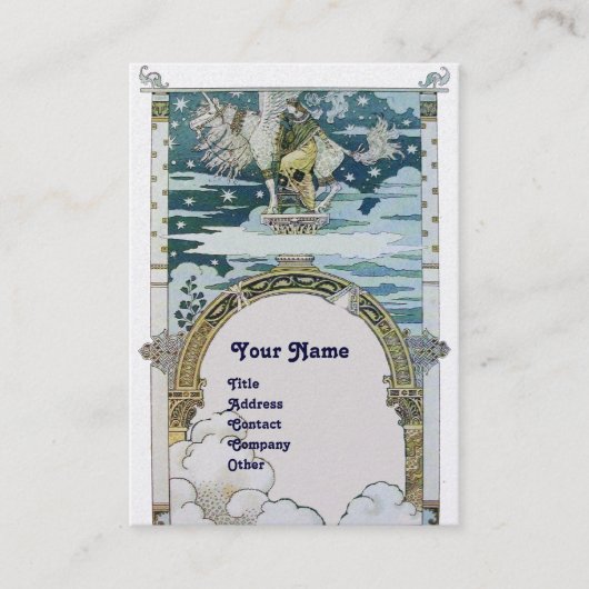 LADY MET UNICORN, blauw wit parelpapier Visitekaartje (Voorkant)