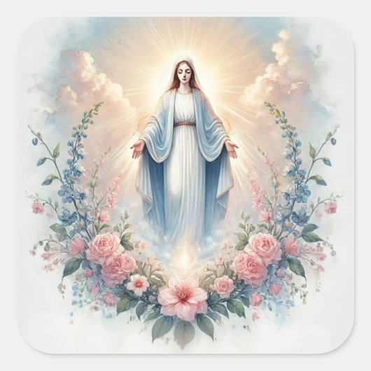 Lady of Grace Floral Moeder Maria Religieus Vierkante Sticker (Voorkant)