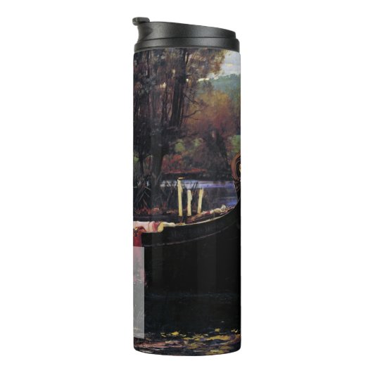 Lady of Shallot op boot JW Waterhouse Art Monogram Thermosbeker (Geroteerd rechts)