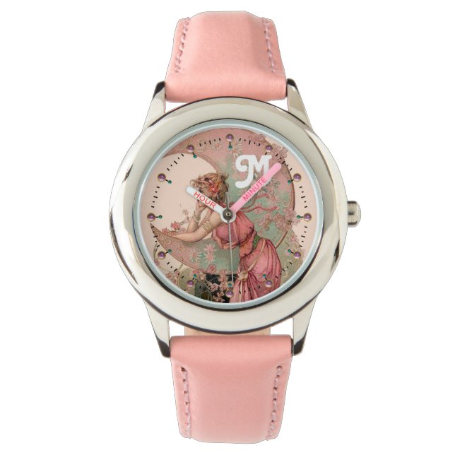 LADY OF THE MOON with FLOWERS IN PINK MONOGRAM Horloge (Voorkant)