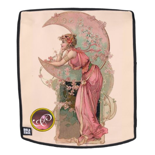 LADY OF THE MOON with FLOWERS IN PINK MONOGRAM Rugtassen (Verwijderbaar gezicht)
