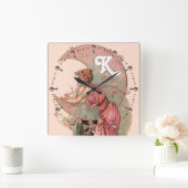 LADY OF THE MOON with FLOWERS IN PINK MONOGRAM Vierkante Klok (Huis)