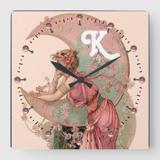 LADY OF THE MOON with FLOWERS IN PINK MONOGRAM Vierkante Klok (Voorkant)