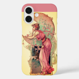 LADY OF THE MOON with FLOWERS IN PINK YELLOW iPhone 16 Hoesje