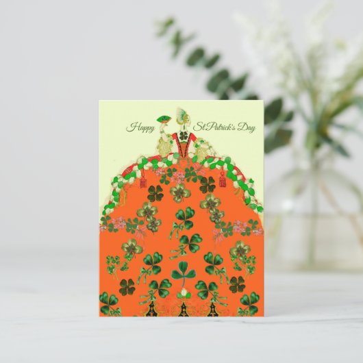 LADY ORANJE EN SHAMROCKS St. Patricks Day Mode Briefkaart (Staand voorkant)