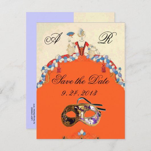 LADY ORANJE MASQUERADE PARTY SAVE THE DATE AANKONDIGINGSKAART (Voorkant / Achterkant)