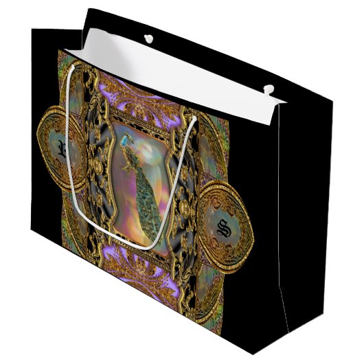 Lady Peacock Monogram Black Elegant Groot Cadeauzakje (Voorkant Gekanteld)