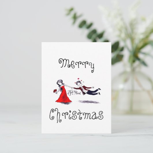 Lady Pulling Man Grappig Huwelijk Feestdagenkaart (Staand voorkant)