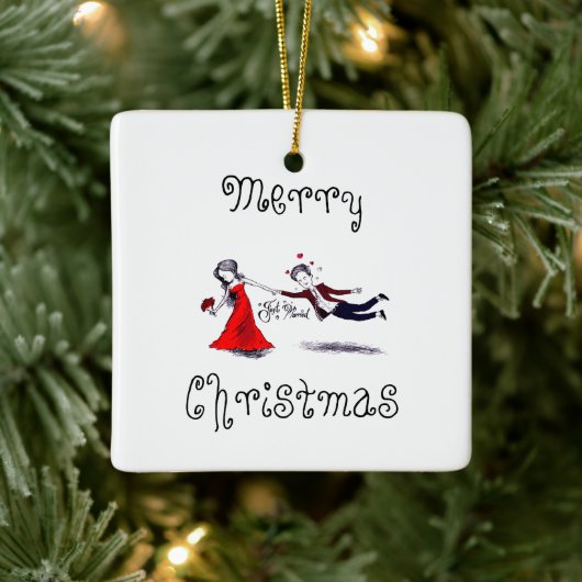 Lady Pulling Man Grappig Huwelijk Keramisch Ornament (Boom)