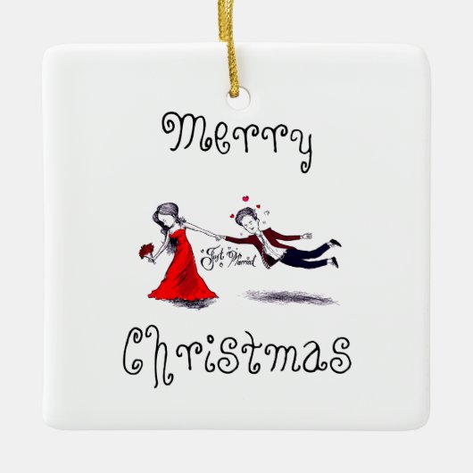 Lady Pulling Man Grappig Huwelijk Keramisch Ornament (Voorkant)