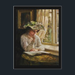 Lady Reading by Window Briefkaart<br><div class="desc">Een Victoriaans vrouw met een modieus pet zit in een venstermeting. Als u door het venster kijkt,  kunt u zachte roze rozen zien. Kunst van Thomas Kinnington c1889.</div>