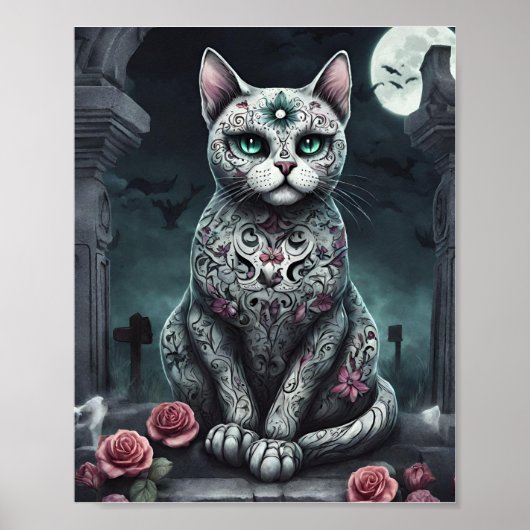 "Lady Roos" Gothic, Dag van de Doden, White Cat Poster (Voorkant)