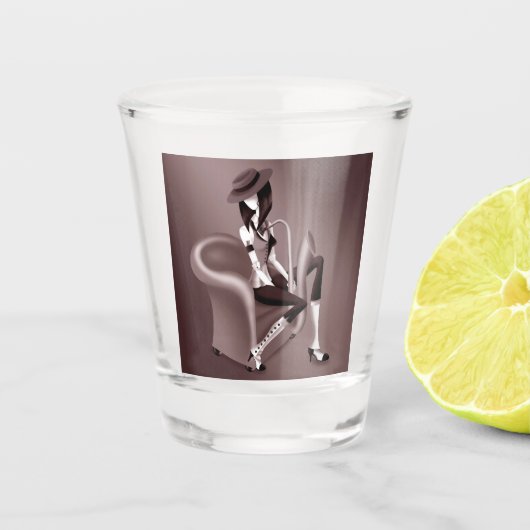 Lady Saxofonist - Jazz-geïnspireerde Shot Glass Shot Glas (Voorkant)