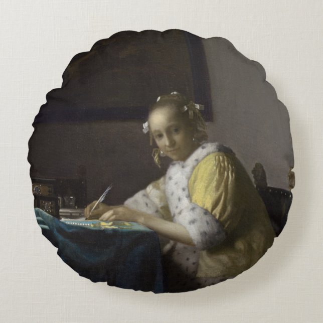 Lady Schrijven van een brief van Johannes Vermeer Rond Kussen (Voorkant)
