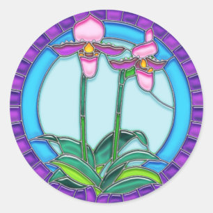 Lady Slipper Orchids in Circulair Glas in lood Ronde Sticker