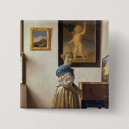 Lady stand at the Virginal, c.1672-73 Vierkante Button 5,1 Cm (Voorkant)