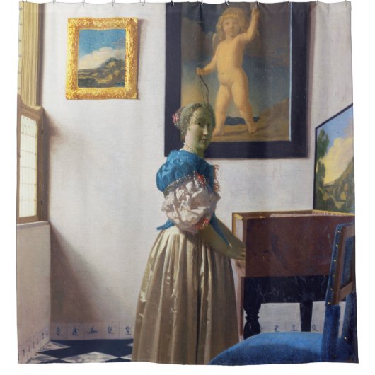 Lady Standing bij een Virginal, Johannes Vermeer Douchegordijn (Voorkant)