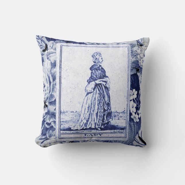 Lady  Tarot-kaart op Indigo Floral Toile Kussen (Voorkant)