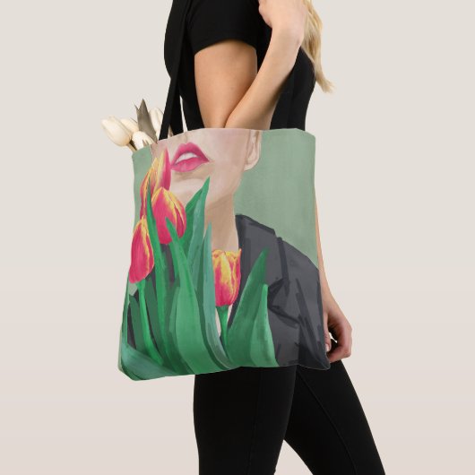 Lady & Tulp Groen & Sinaasappel Modern gedrukt Tote Bag (Dichtbij)