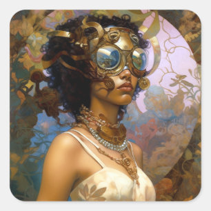 Lady Wearing Goggles Black Fantasy Sci-Fi Vierkante Sticker