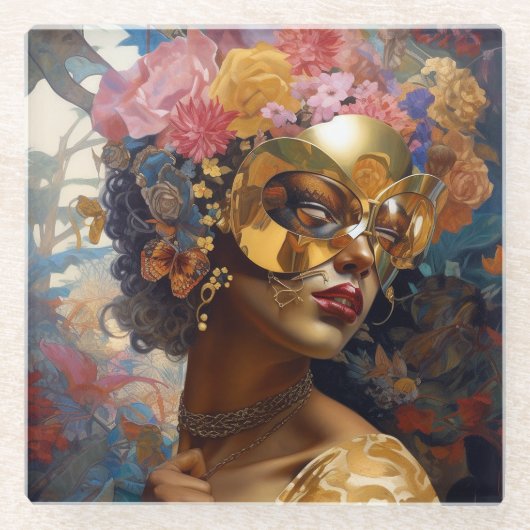 Lady Wearing Mask Black Fantasy Art Glazen Onderzetter (Voorkant)