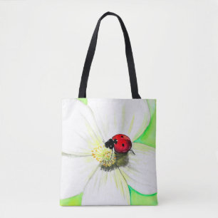 Ladybird op een White Flower Painting Tote Bag