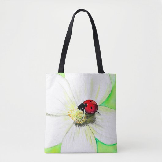 Ladybird op een White Flower Painting Tote Bag (Voorkant)