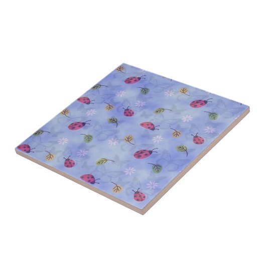 Ladybirds and Falling Leaves Blue Pattern Tegeltje (Zijkant)