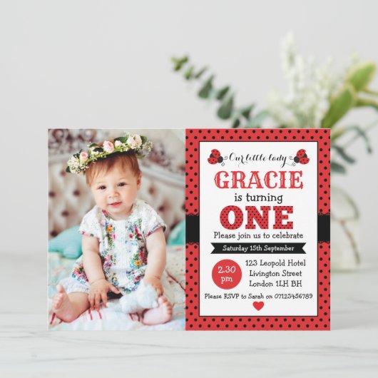ladybug 1e verjaardag meisjes uitnodiging (Staand voorkant)