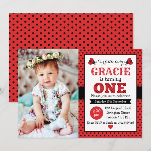 ladybug 1e verjaardag meisjes uitnodiging (Voorkant / Achterkant)