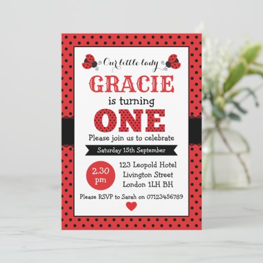 ladybug 1e verjaardag meisjes uitnodiging (Staand voorkant)