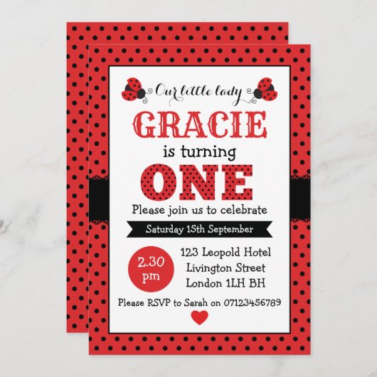 ladybug 1e verjaardag meisjes uitnodiging (Voorkant / Achterkant)