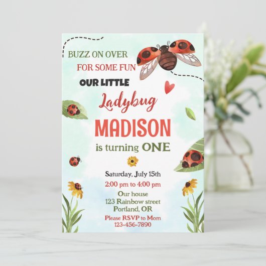 Ladybug 1e verjaardagsuitnodiging Meisjesliefhebst Kaart (Staand voorkant)