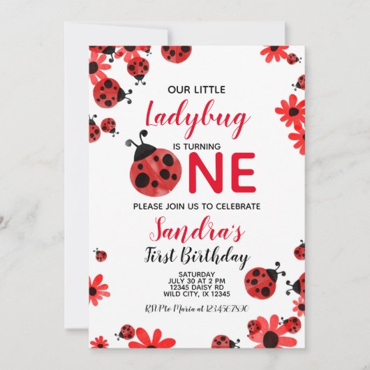 Ladybug 1st Baby Girl Birthday Invitation Kaart (Voorkant)