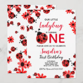 Ladybug 1st Baby Girl Birthday Invitation Kaart (Voorkant / Achterkant)