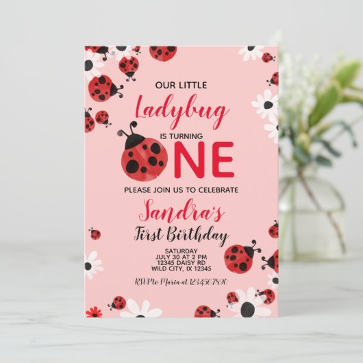 Ladybug 1st Baby Girl Birthday Invitation Kaart (Staand voorkant)